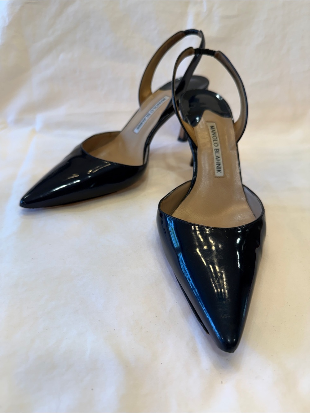 Manolo Blahnik Navy Patent Pointed Slingback Pumps